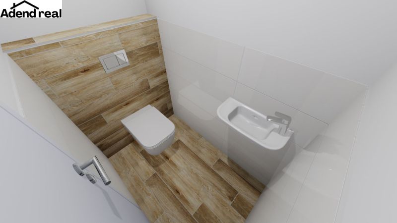 A toilet with wood-patterned flooring, white walls, and a small sink in a family house.