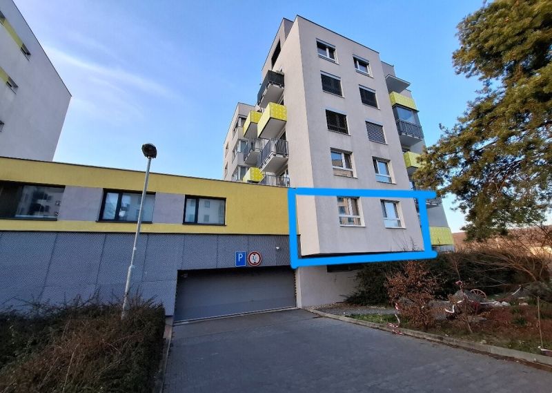 The exterior of an apartment building in Bratislava-Dúbravka, with the highlighted section belonging to a 2-room apartment.