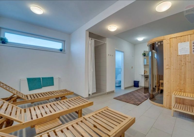 A spa with loungers, a shower, and a sauna in a 2-room apartment.