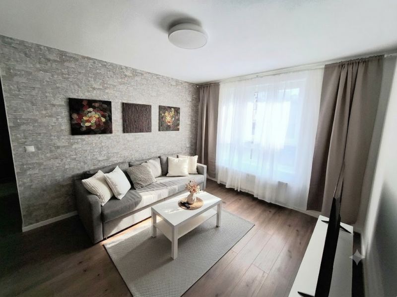 Living room with a sofa, table, and decorations, floor with wooden decor in a 2-room apartment.