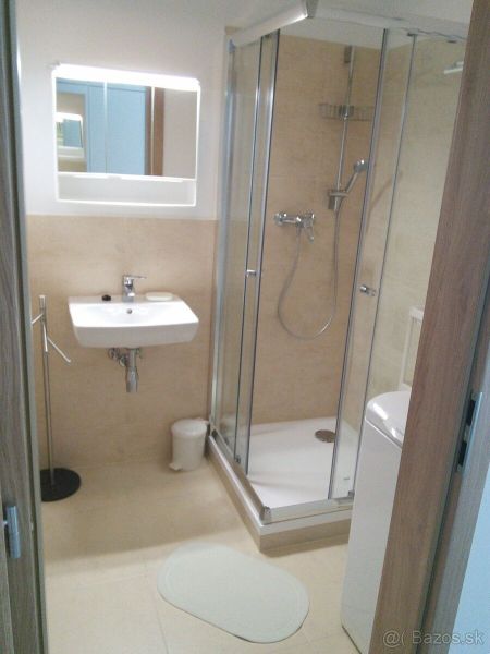 A bathroom with a sink and a shower in a studio apartment.