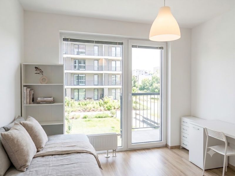 Studio apartment with a bed, shelf, desk, and a view of the balcony, floor with wood decor.
