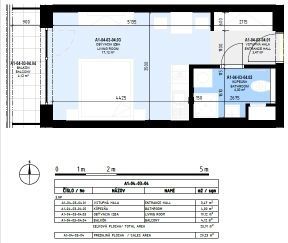 Floor plan of a studio apartment with a bathroom and living area.