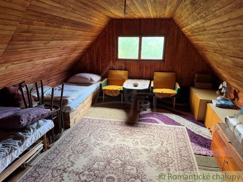 An attic room in a family house with wooden walls and a colorful carpet.