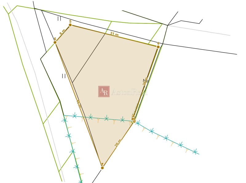 Cadastral map of a residential plot in Poprad with various side dimensions.