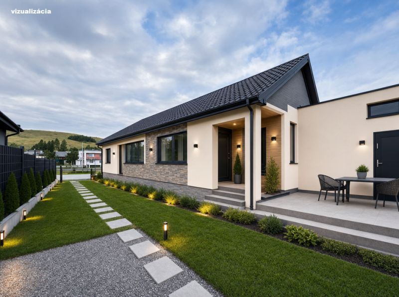 A family house in Ľubotín with landscaped garden, terrace, and modern roof.