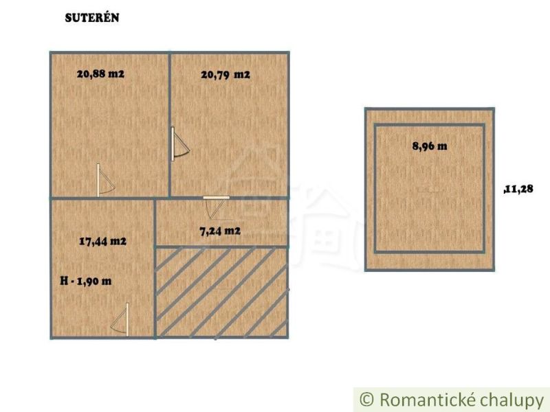 Basement floor plan of a family house with four rooms and wooden floor decor.