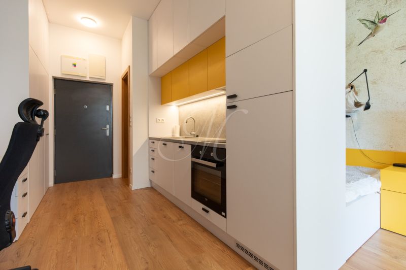 Kitchen area in a studio apartment with wood-patterned flooring and yellow cabinets.