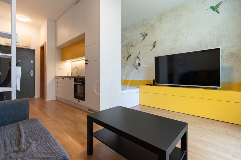 Living room in a studio apartment with wood-patterned flooring and yellow furniture.