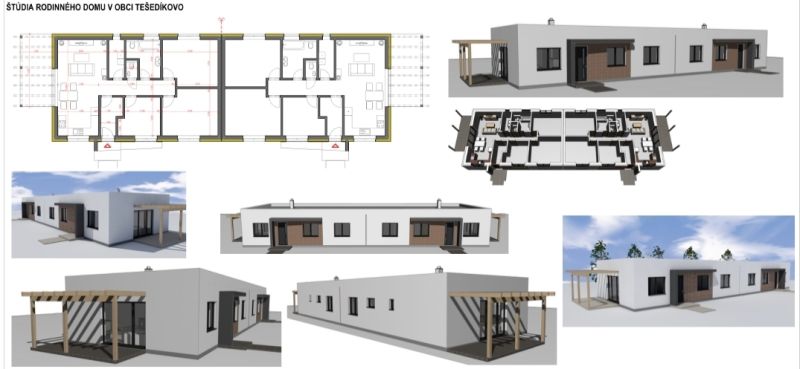 Visualization of a family house in Tešedíkovo, Residential plots, with floor plan and exterior.