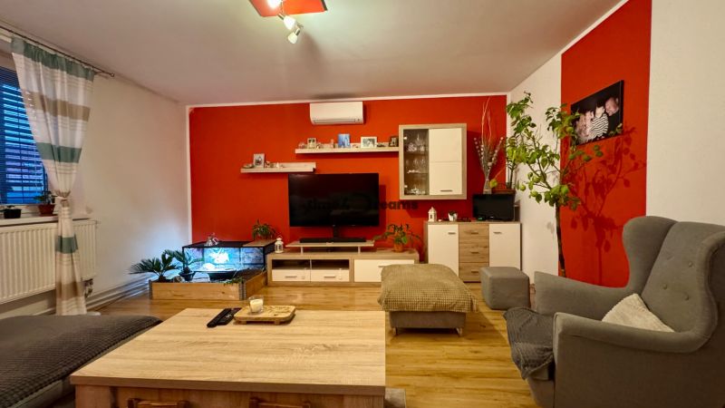 Living room in a family house with a red wall, television, and wooden decor flooring.