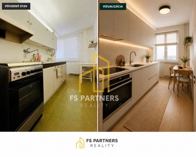Visualization of a kitchen in a 2-room apartment with a wooden decor floor.