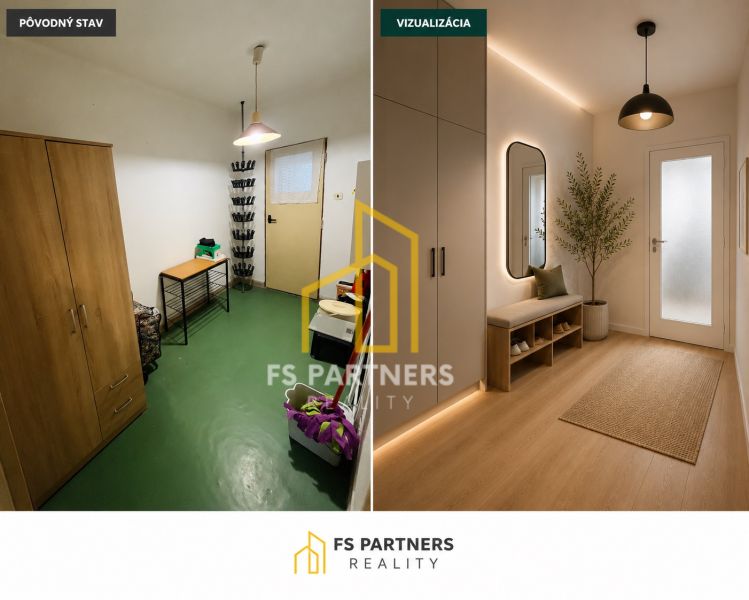 The entrance hall in a 2-room apartment with a wooden decor floor and modern furniture.