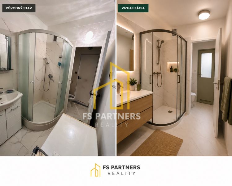 Bathroom of a 2-room apartment with a shower corner and a floor with a wooden decor.