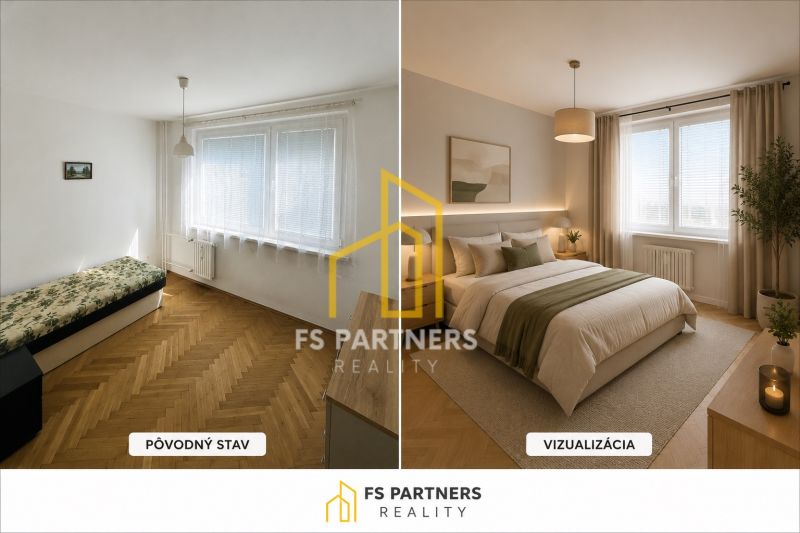 Visualization in a 2-room apartment with a wood-decor floor and a cozy bed.