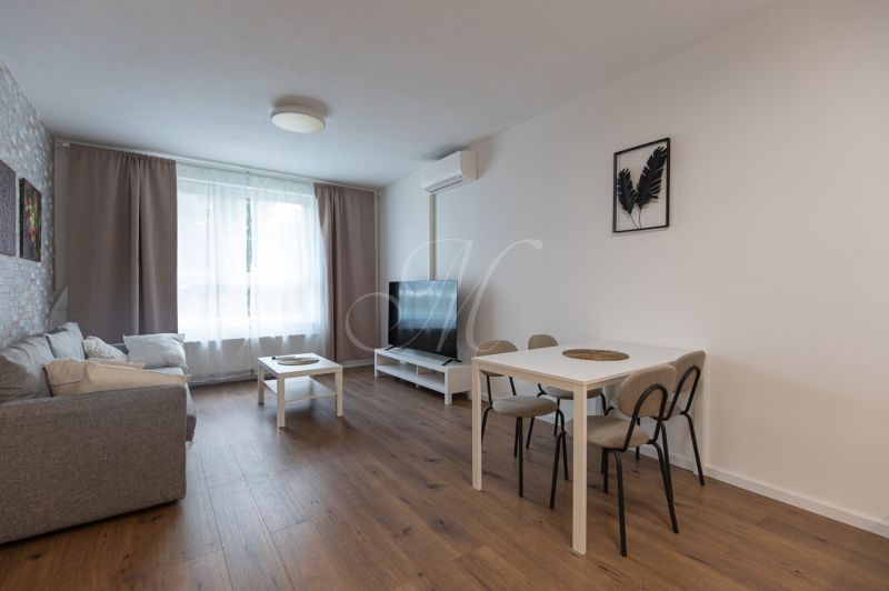 Living room in a two-room apartment with a sofa, television, and wooden decor flooring.