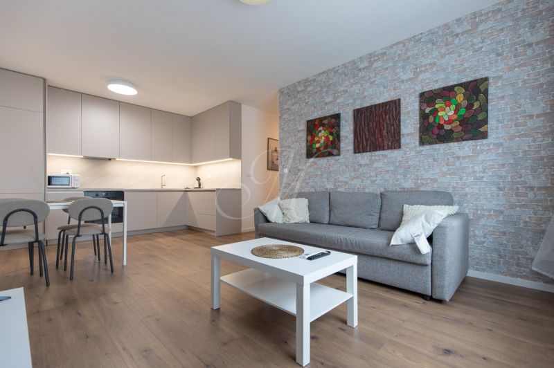 Interior of a 2-room apartment with a kitchen, sofa, table, and floor with a wood decor.