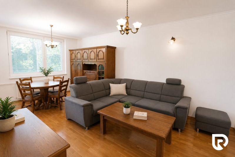 Living room in a two-room apartment with a wooden decor floor, dark furniture, and a gray sofa.