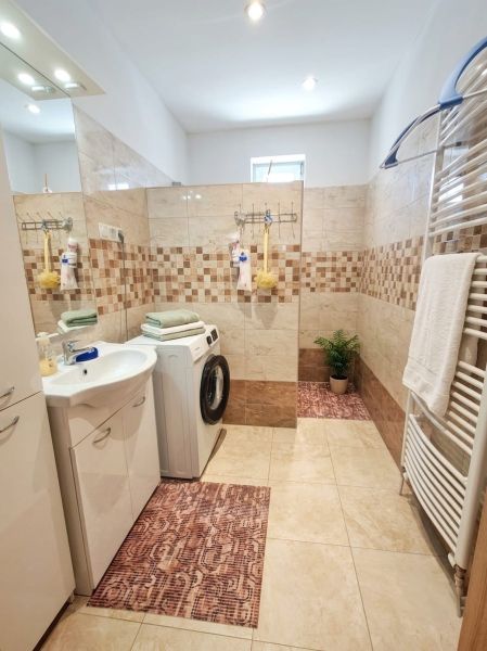 Bathroom in a family house with a washing machine, sink, and shower.