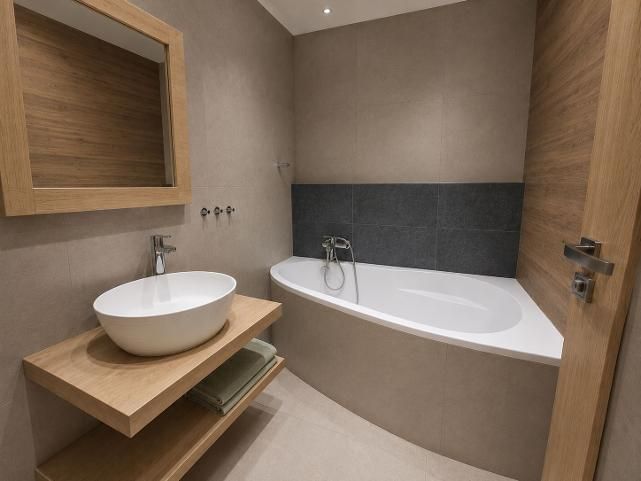 Bathroom with a bathtub, sink on a wooden countertop in a 2-room apartment.