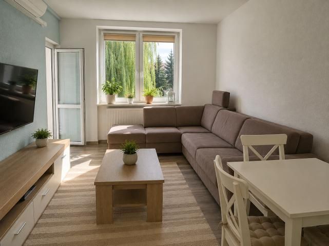 Living room of a two-room apartment with a comfortable sofa, TV, and plants.
