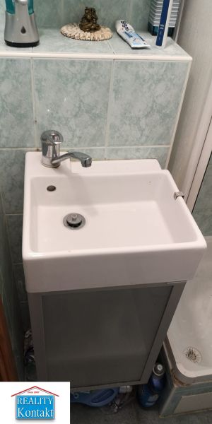A small bathroom in a studio apartment with a sink and a shower.