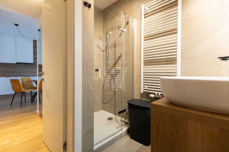 Bathroom with a glass shower enclosure, sink, and floor with a wooden decor in a 2-room apartment.