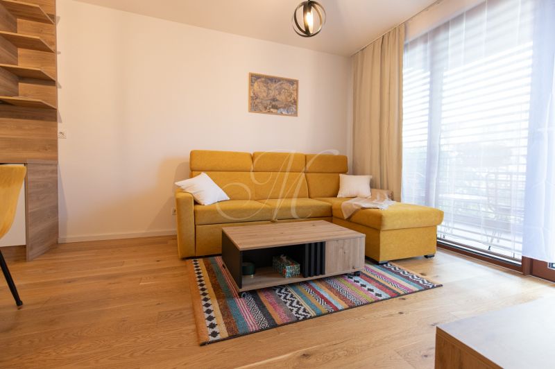 A living room with a wood-patterned floor, a yellow sofa, and a colorful rug in a two-room apartment.