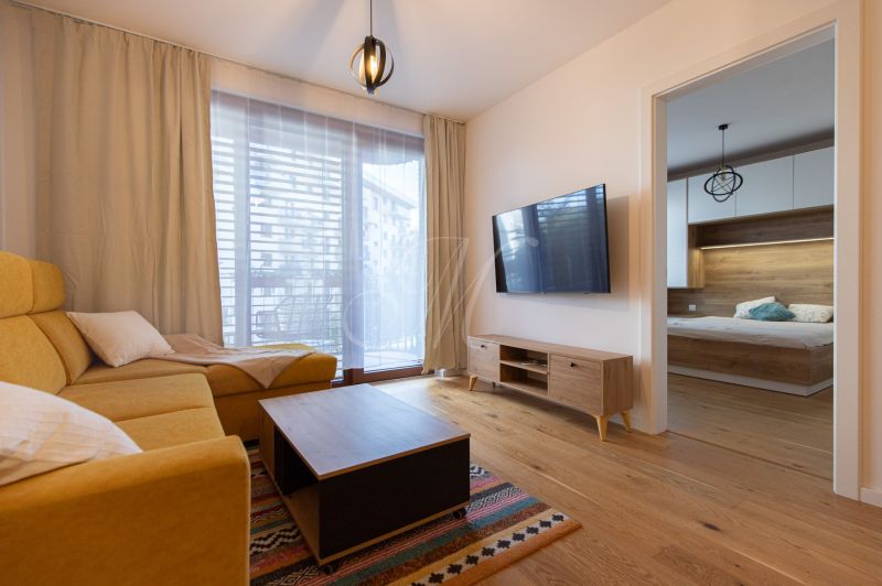 Living room in a two-room apartment with a wooden decor floor, sofa, and TV.