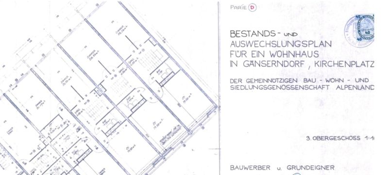 The construction plan of the apartment building in Gänserndorf at Kirchenplatz shows the layout of a 3-room apartment.