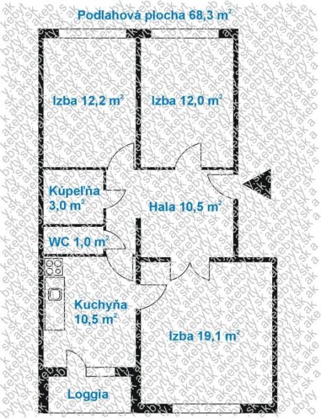The floor plan of a 3-room apartment includes a hall, kitchen, bathroom, toilet, and loggia.
