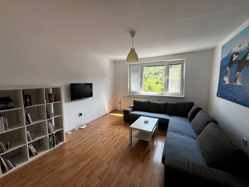 Living room in a 3-room apartment with a wooden decor floor, sofa, and shelves.