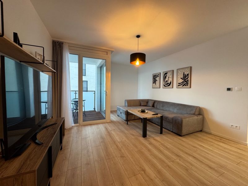 Living room in a two-room apartment with a sofa, television, and wooden decor flooring.