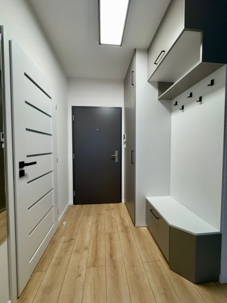 Entrance hallway with storage space and wooden decor flooring in a 2-room apartment.