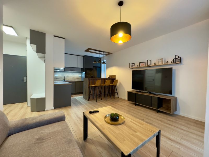 Living room in a two-room apartment with a wooden decor floor, a television, and a kitchen bar.