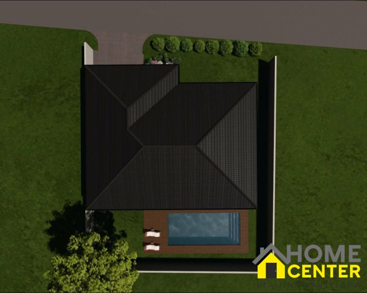 Aerial view of a family house on Hlavná Street in Marcelová with a swimming pool.