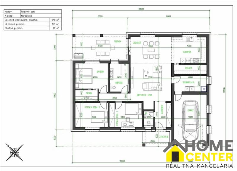 Floor plan of a single-story family house in Marcelová on Hlavná Street with four rooms.