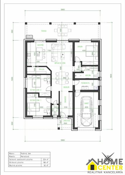 The floor plan of the family house on Hlavná Street in Marcelová includes a terrace and a garage.