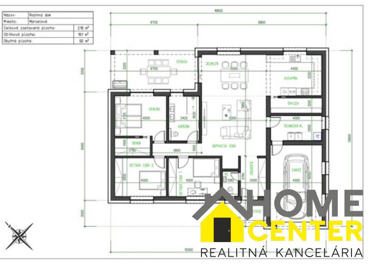 The floor plan of the family house on Hlavná Street in Marcelová shows the rooms and dimensions.