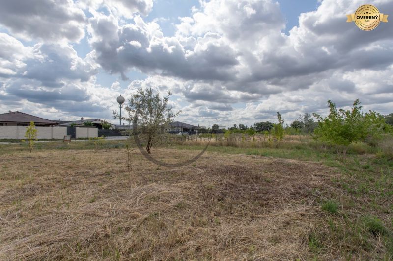 A plot for residential building in Zohor on Brezová Street with mature trees and sky.