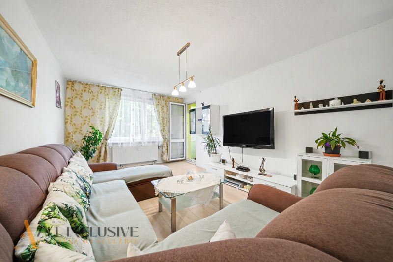 A living room with a comfortable sofa, television, and wooden decor flooring in a 3-room apartment.
