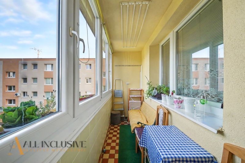 Glazed loggia of a 3-room apartment with carpet and potted plants.