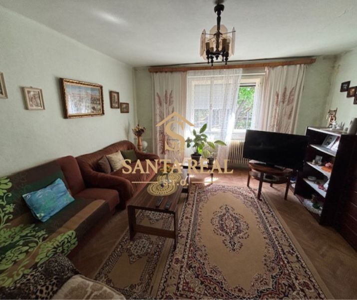 Living room in a family house with a wooden decor floor and a sofa.