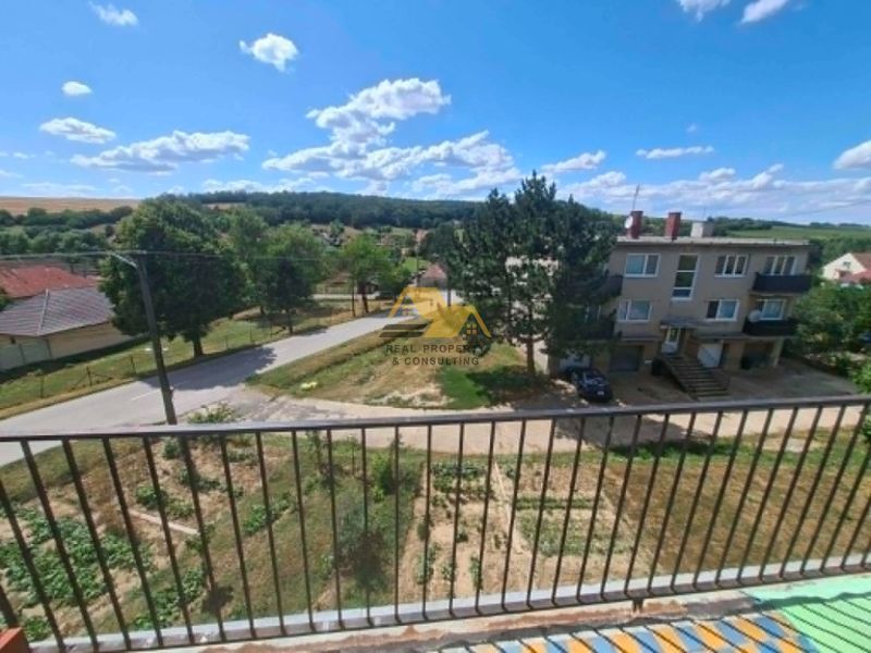 View from the balcony onto a street in a Czech city, surrounded by greenery and houses.