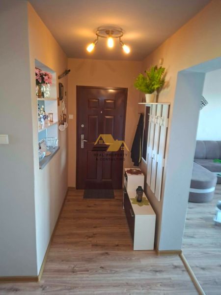 Entrance hallway with wood-patterned flooring in a 3-room apartment, coat rack, decorations.