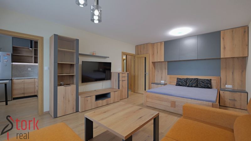 Living room in a studio apartment with a wood-patterned floor and built-in furniture.