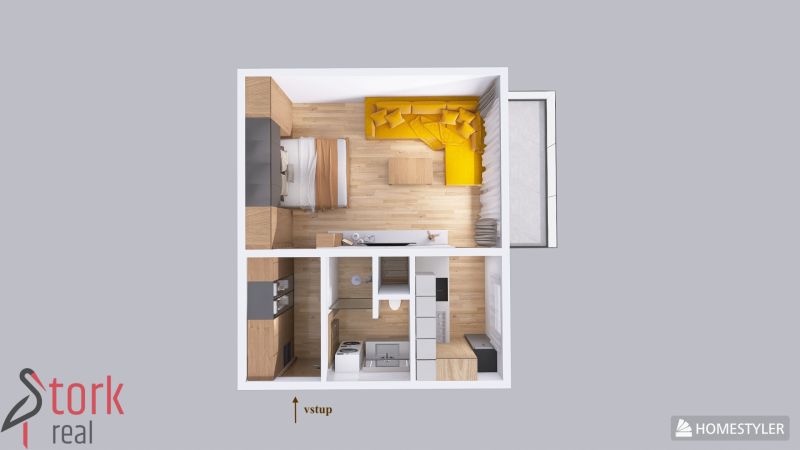 Floor plan of a 1-room apartment with wood-patterned flooring and a yellow sofa.