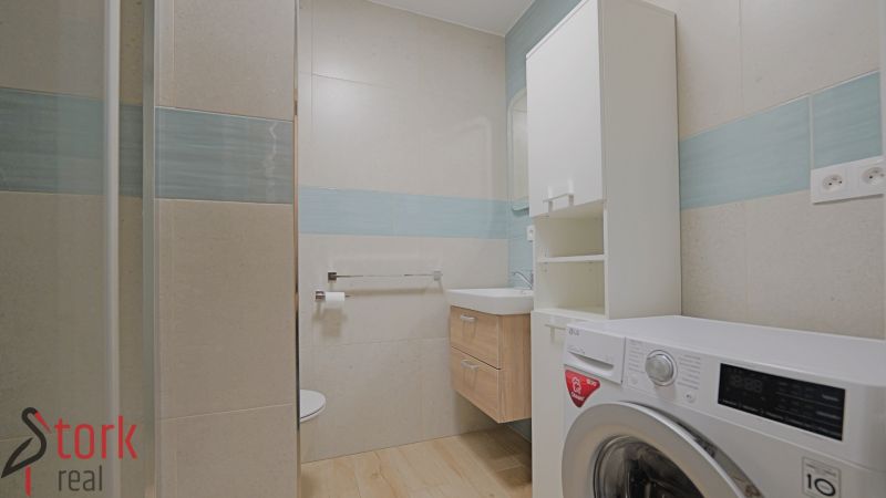 Bathroom in a studio apartment with a washing machine, cabinet, and wooden decor flooring.
