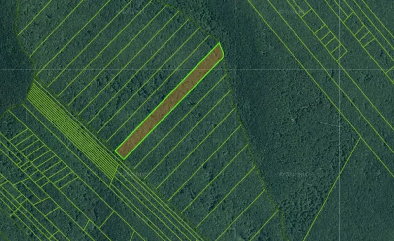 Aerial view of agricultural and forest lands near Veľké Ozorovce with a focus on parceling.