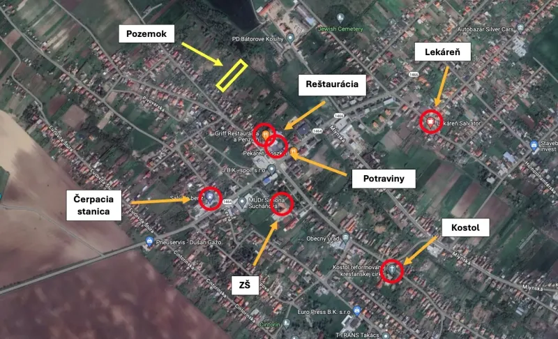 Aerial view of Bátorove Kosihy with marked objects on Land - housing.